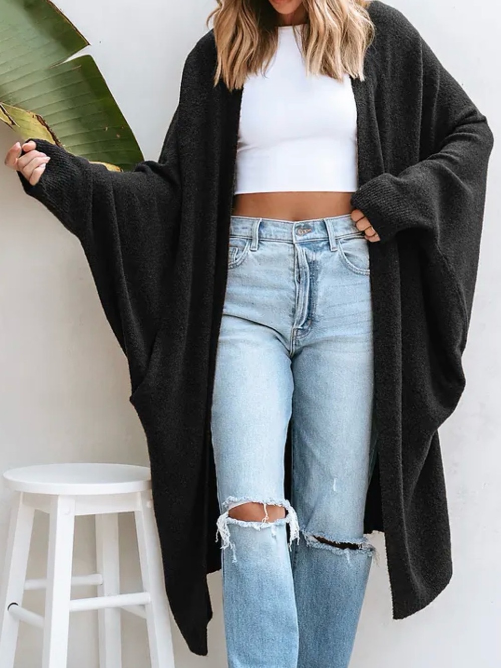 Cozy Black Open-Front Women's Cardigan Sweater - Picture 4 of 4